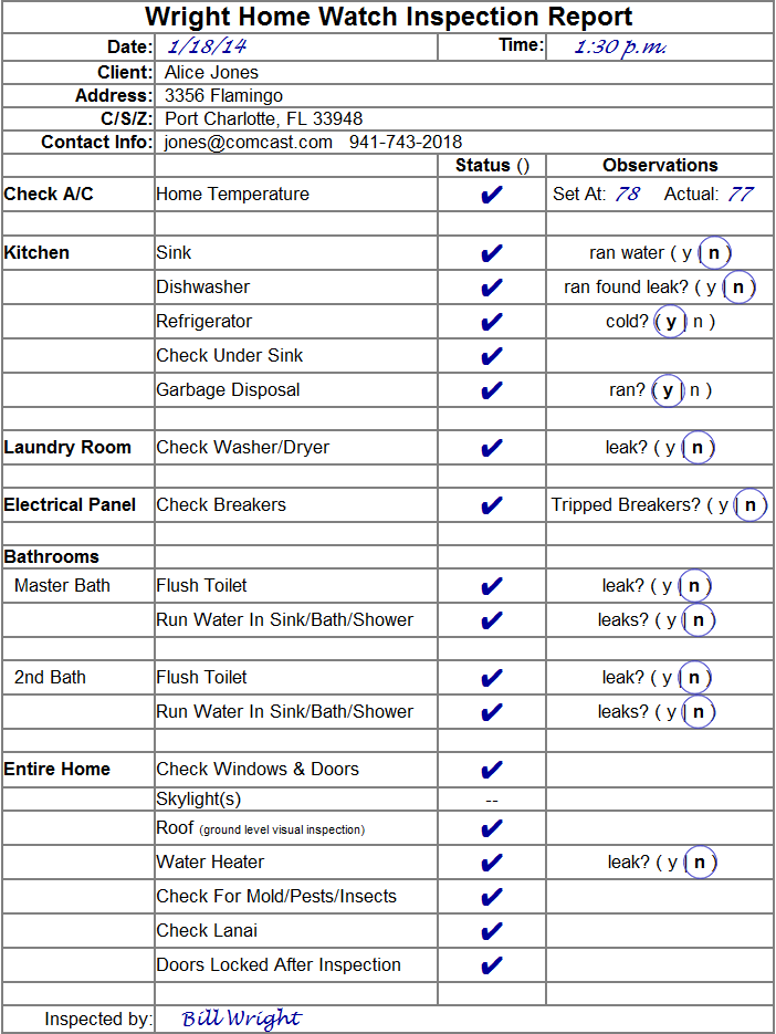 Home Watch Checklist Template Home Watch Checklist Template