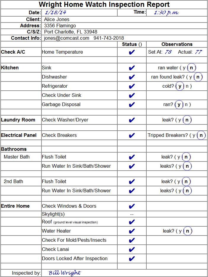 Home Watch Service Report Sample Southwest Florida